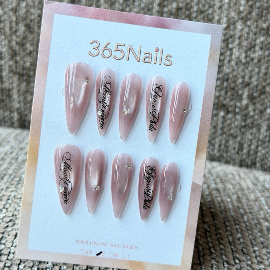 Blush Nude Black Script Handmade Press-On Nails