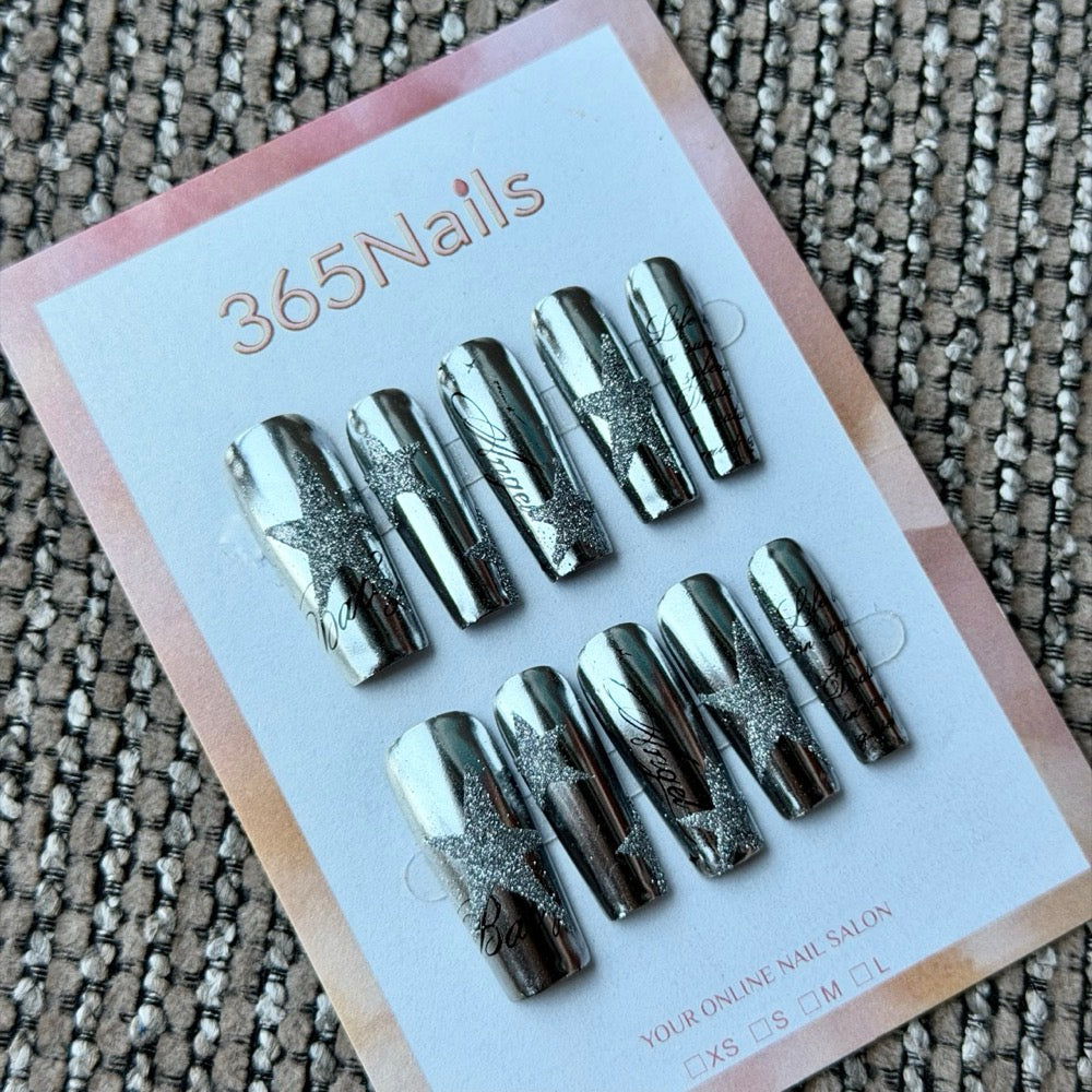 Mirror Silver Chrome Script Handmade Press-On Nails