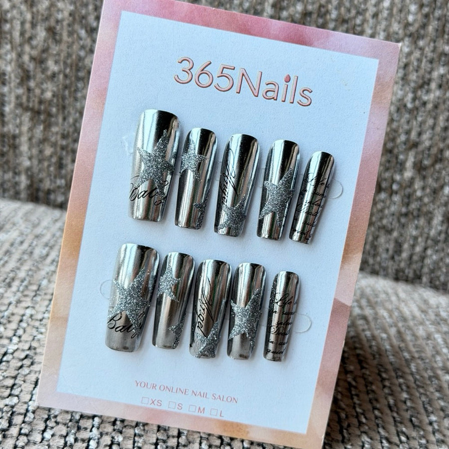 Mirror Silver Chrome Script Handmade Press-On Nails