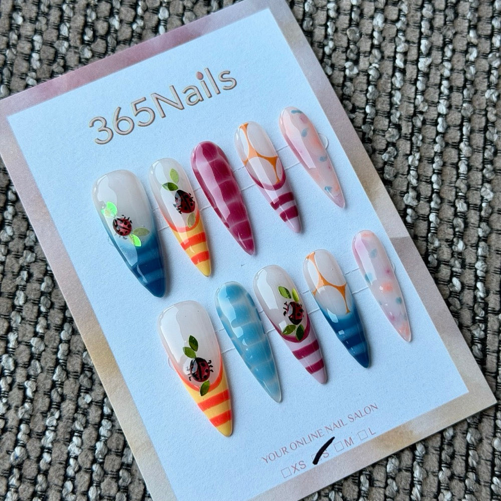 Colorful Stripe Floral Pop Art Handmade Press-On Nails