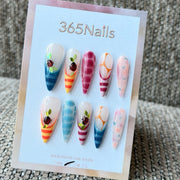 Colorful Stripe Floral Pop Art Handmade Press-On Nails