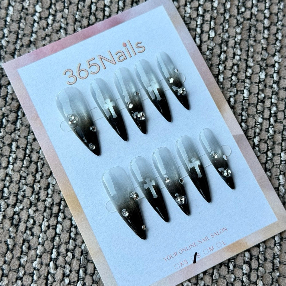 Black Ombre Silver Cross Handmade Press-On Nails