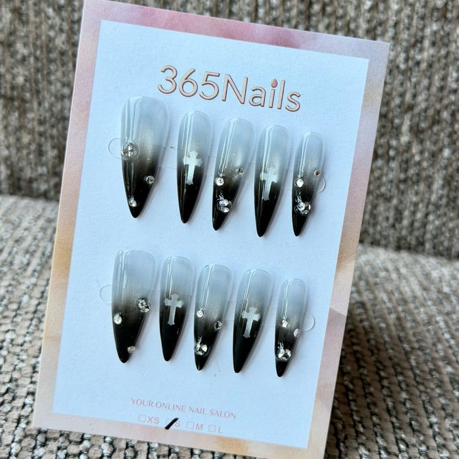 Black Ombre Silver Cross Handmade Press-On Nails