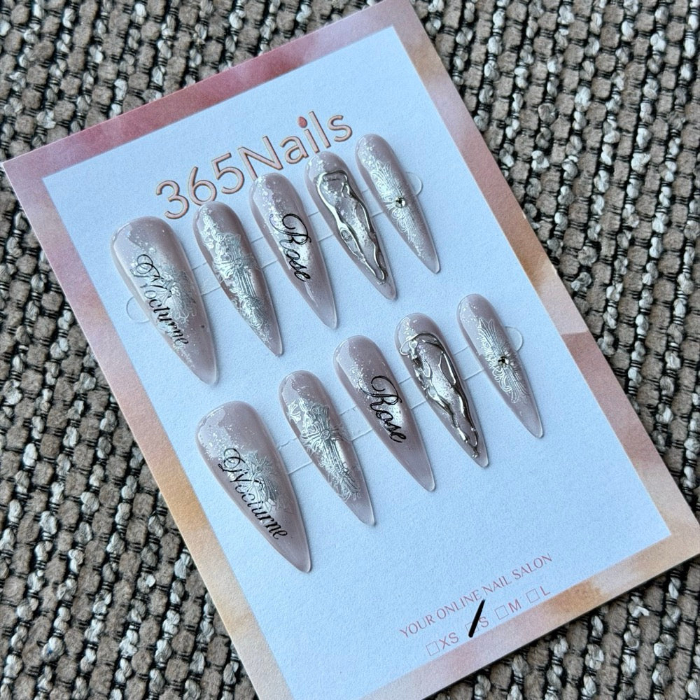 Champagne Pearl Silver Script Handmade Press-On Nails