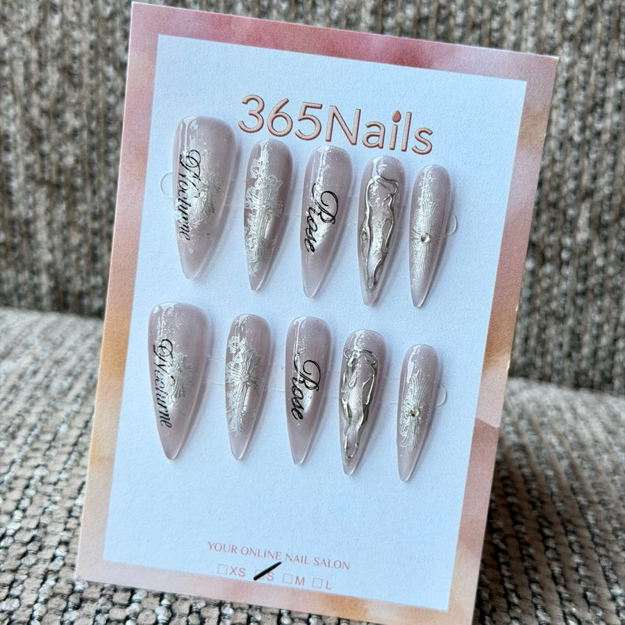 Champagne Pearl Silver Script Handmade Press-On Nails