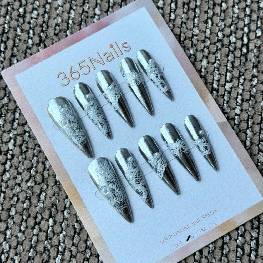 Silver Chrome Baroque Script Handmade Press-On Nails
