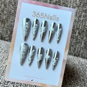 Silver Chrome Baroque Script Handmade Press-On Nails