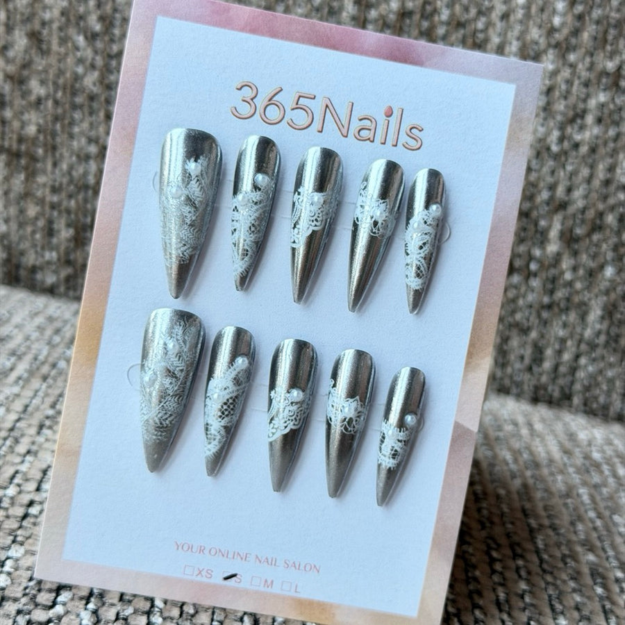 Silver Chrome Baroque Script Handmade Press-On Nails