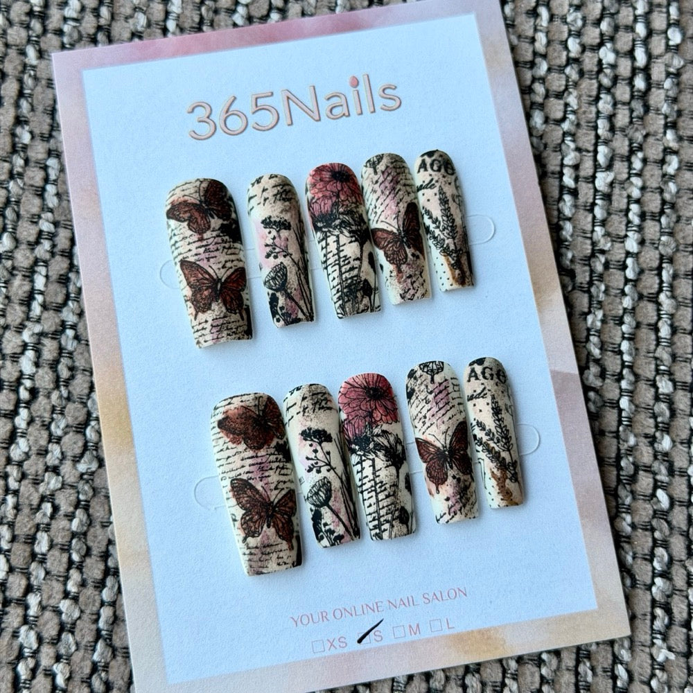 Vintage Rose Newspaper Collage Handmade Press-On Nails