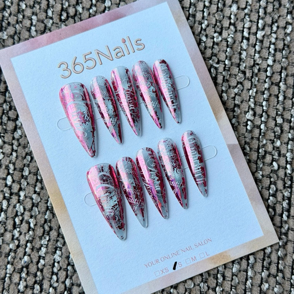 Pink Silver Graffiti Stripe Handmade Press-On Nails