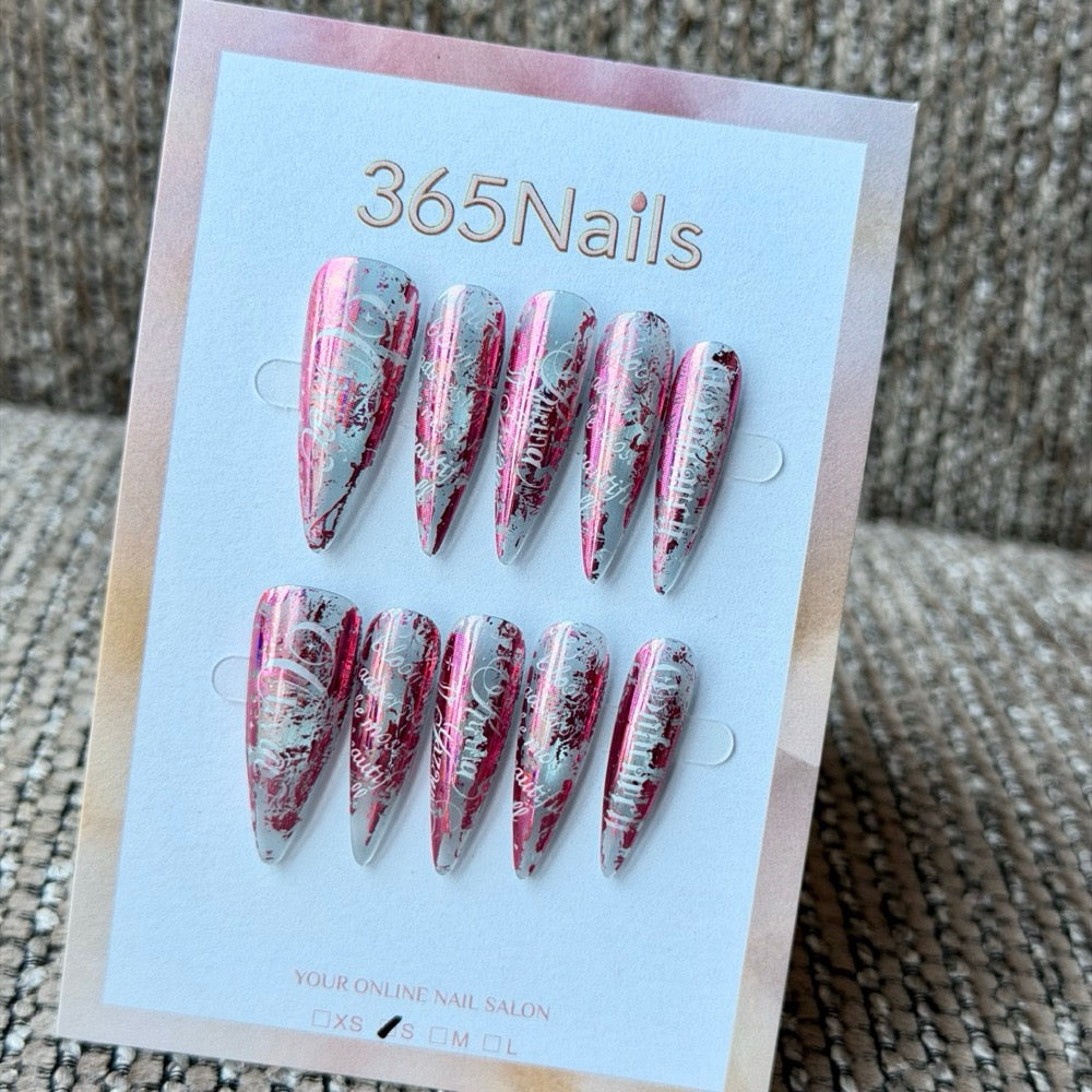 Pink Silver Graffiti Stripe Handmade Press-On Nails