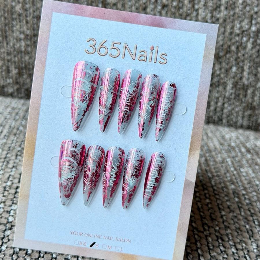 Pink Silver Graffiti Stripe Handmade Press-On Nails