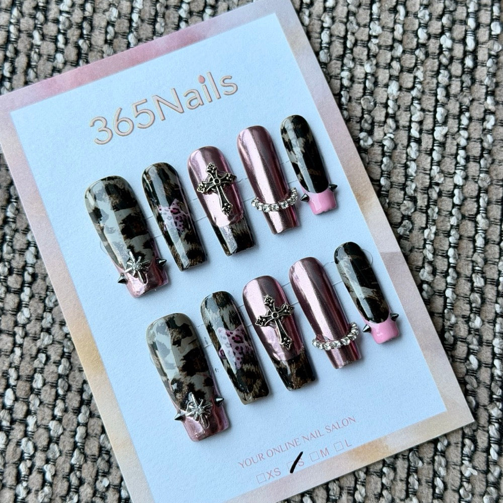 Black Tortoiseshell Rose Gold Charm Handmade Press-On Nails