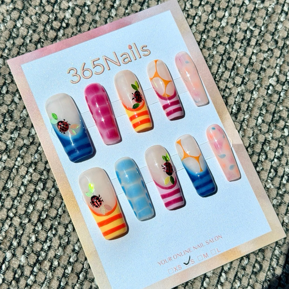 Rainbow Stripe Floral Graphic Handmade Press-On Nails