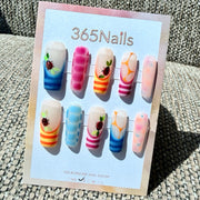 Rainbow Stripe Floral Graphic Handmade Press-On Nails