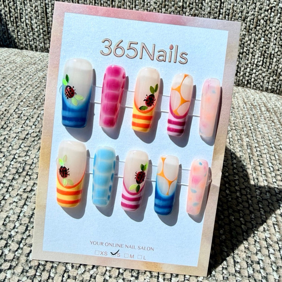 Rainbow Stripe Floral Graphic Handmade Press-On Nails