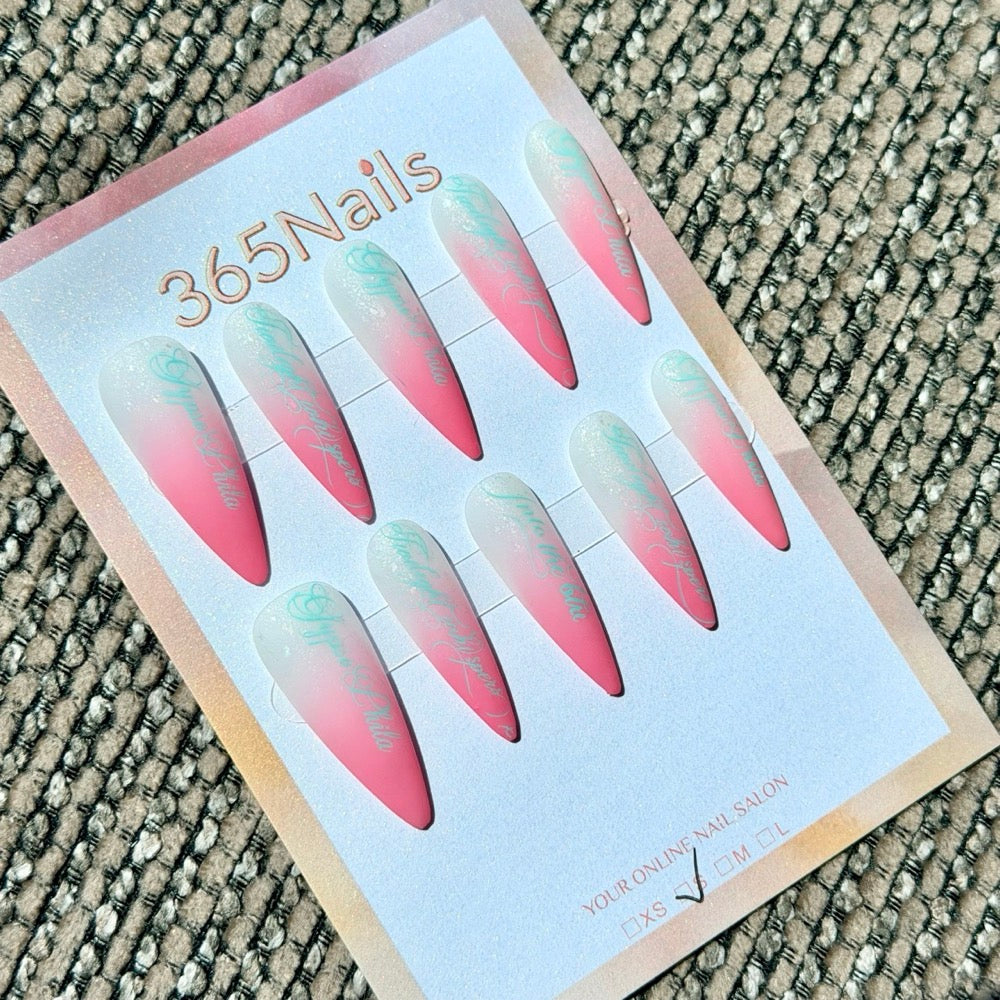 Neon Coral Mint Ombre Script Handmade Press-On Nails