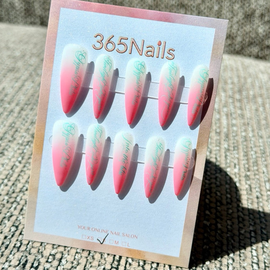 Neon Coral Mint Ombre Script Handmade Press-On Nails