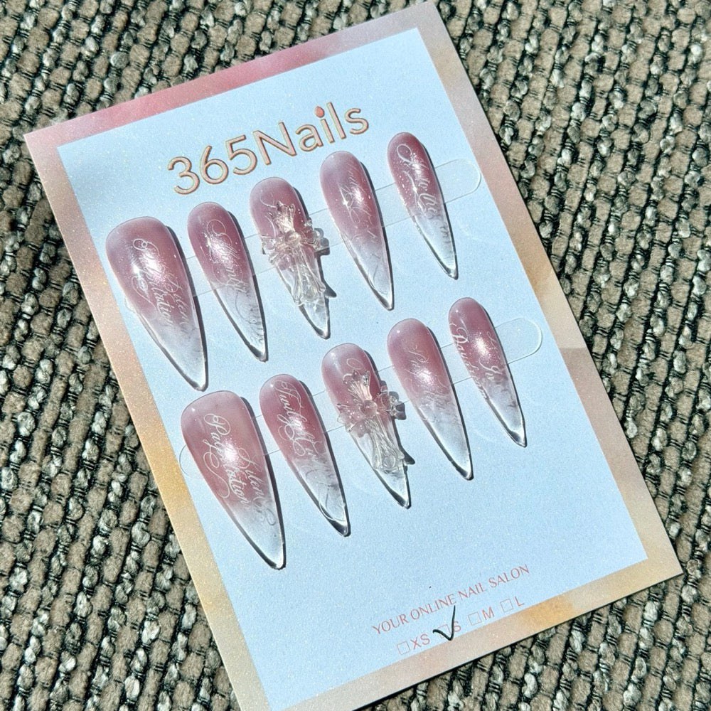 Blush Pink Clear Bow Handmade Press-On Nails