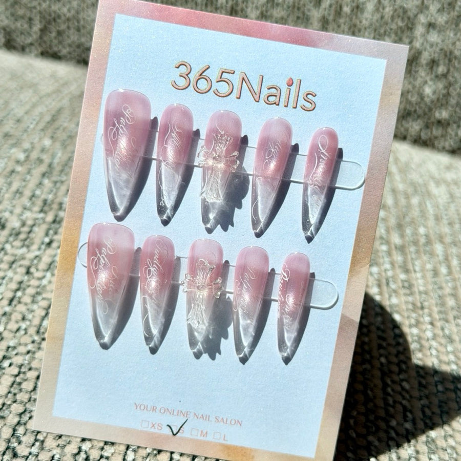 Blush Pink Clear Bow Handmade Press-On Nails