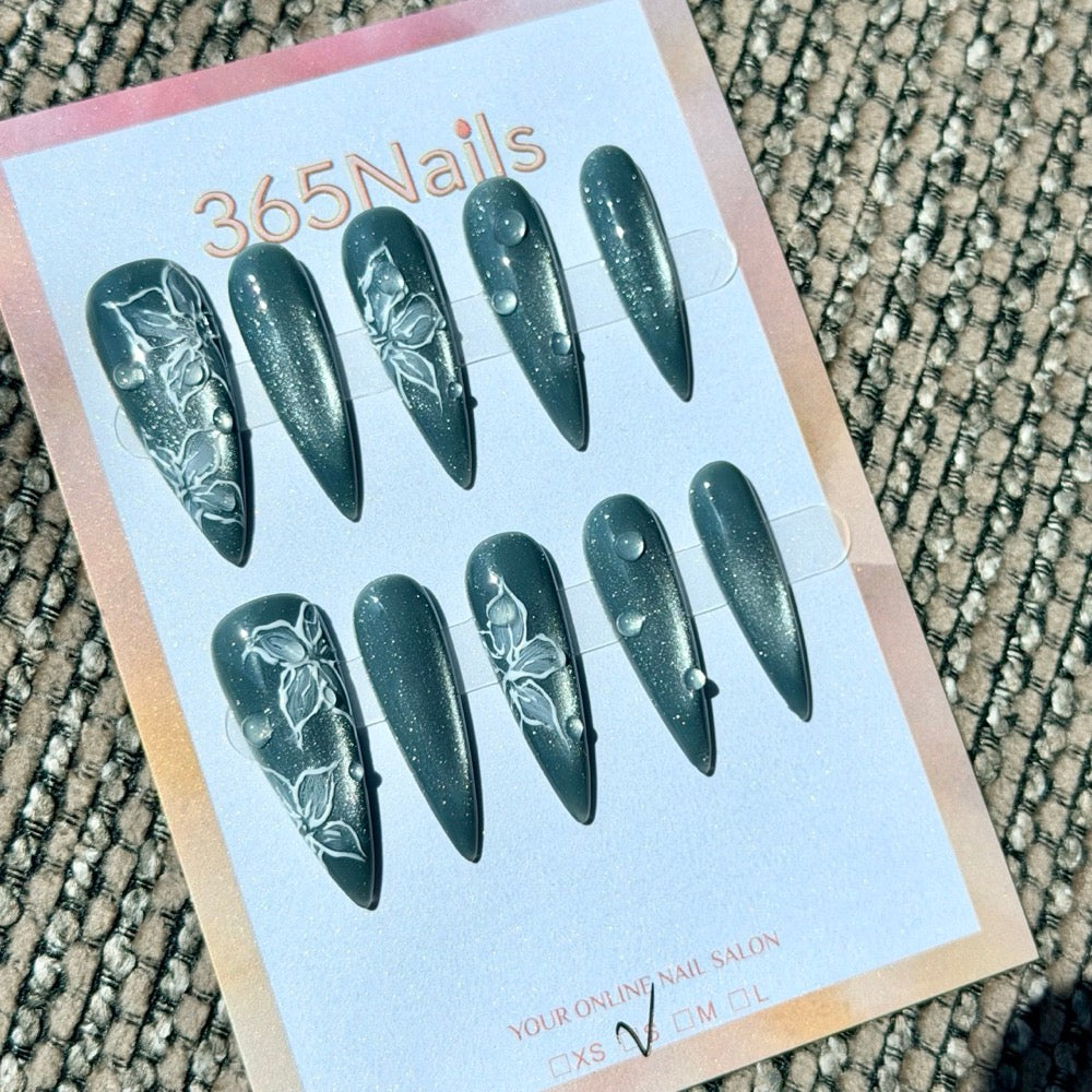 Deep Teal Silver Rose Handmade Press-On Nails
