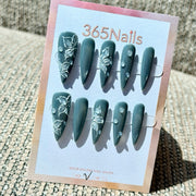 Deep Teal Silver Rose Handmade Press-On Nails
