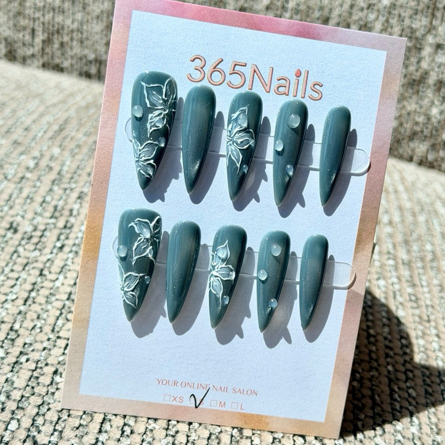 Deep Teal Silver Rose Handmade Press-On Nails