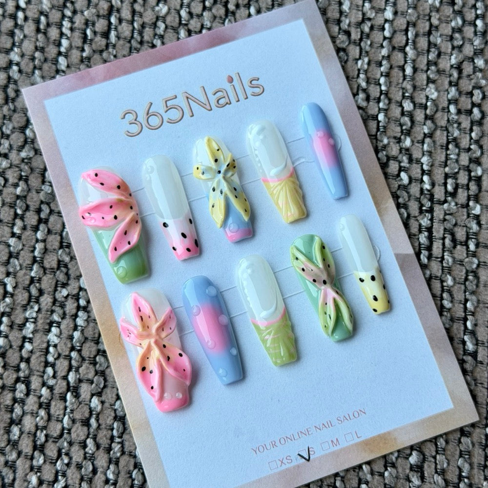 Pastel Tropical Lily 3D Handmade Press-On Nails