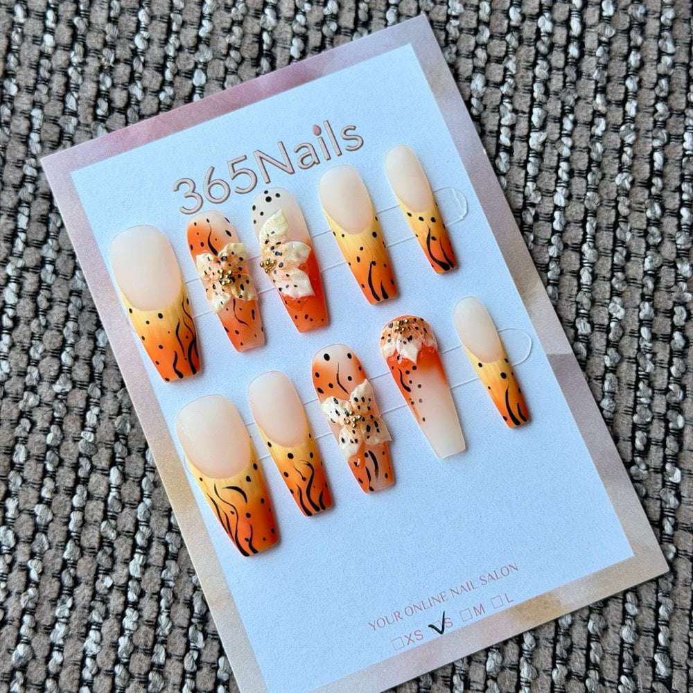 Sunset Orange Flame Glitter Handmade Press-On Nails