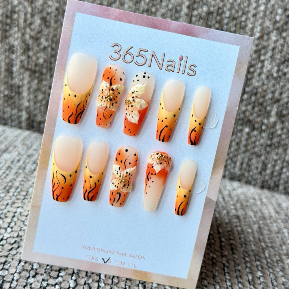 Sunset Orange Flame Glitter Handmade Press-On Nails
