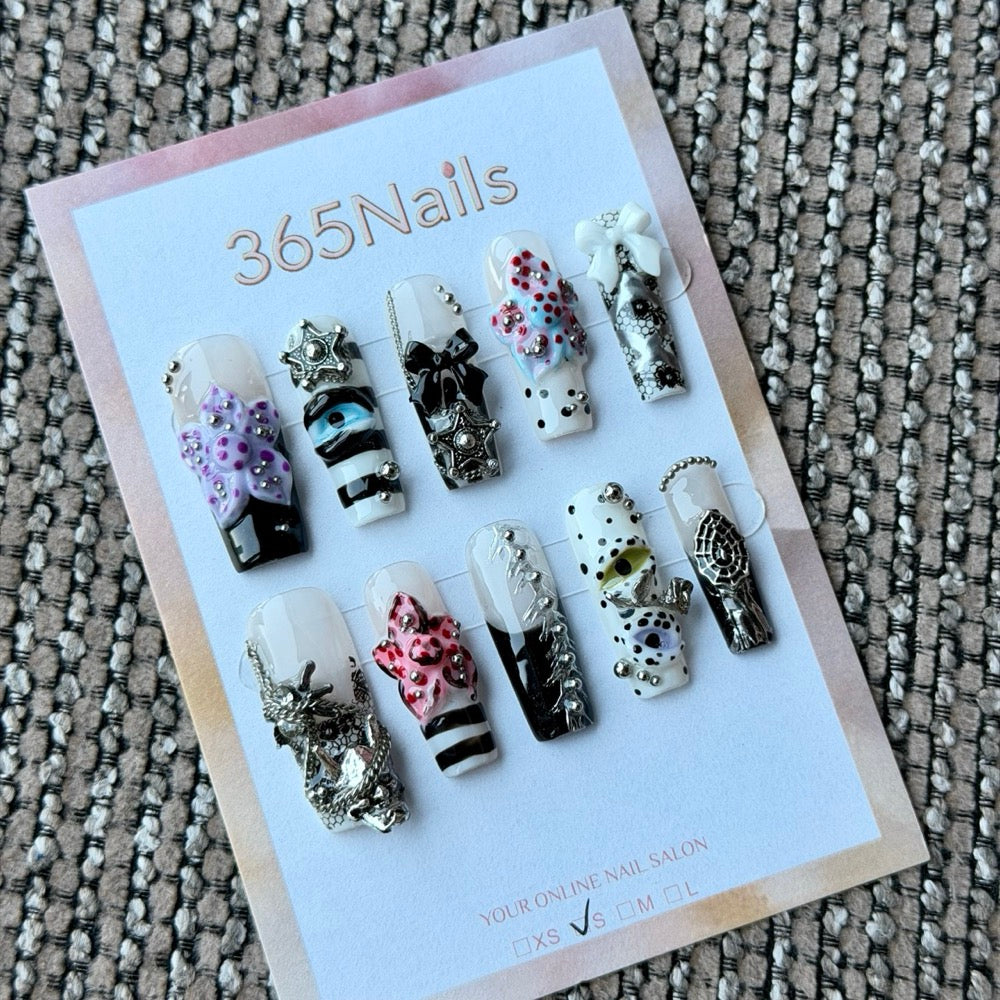 Black White Silver Punk Charm Handmade Press-On Nails