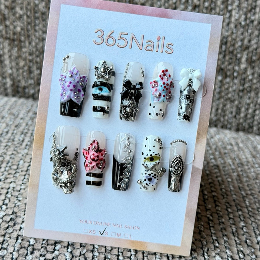 Black White Silver Punk Charm Handmade Press-On Nails