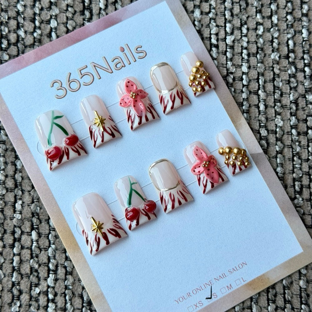 Cherry Blossom Gold Bead Handmade Press-On Nails