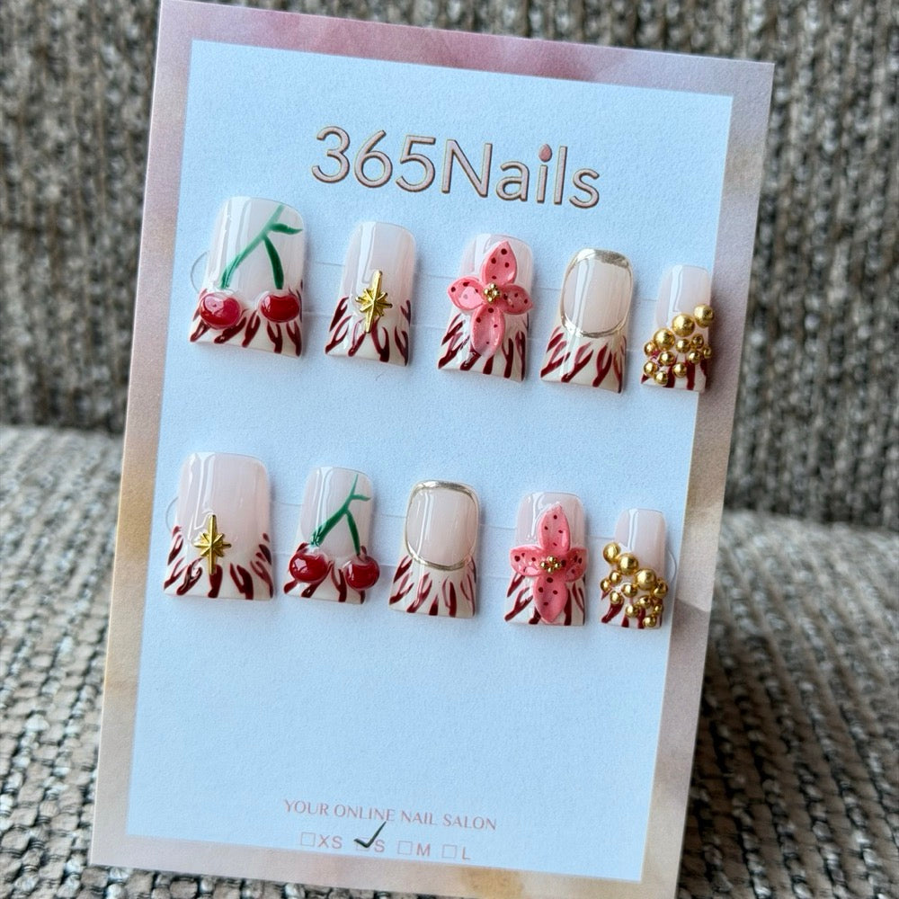 Cherry Blossom Gold Bead Handmade Press-On Nails