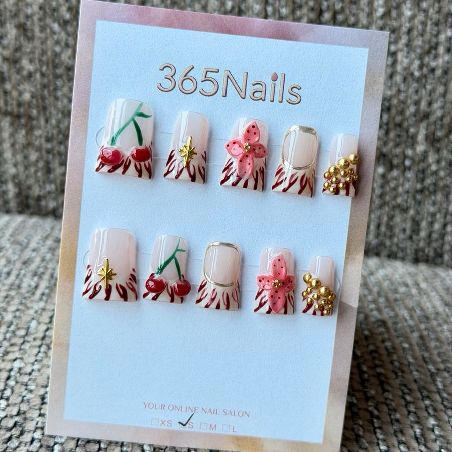 Cherry Blossom Gold Bead Handmade Press-On Nails