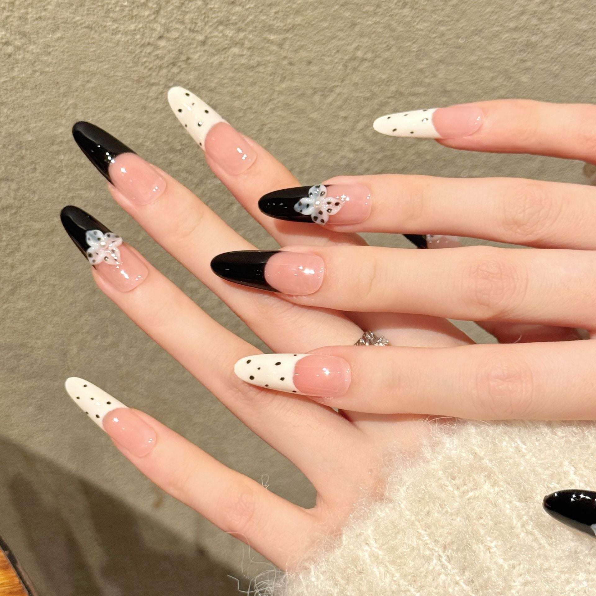 365nails: "Midnight Bloom" – 3D Floral French Tip Handmade Medium Almond Nails
