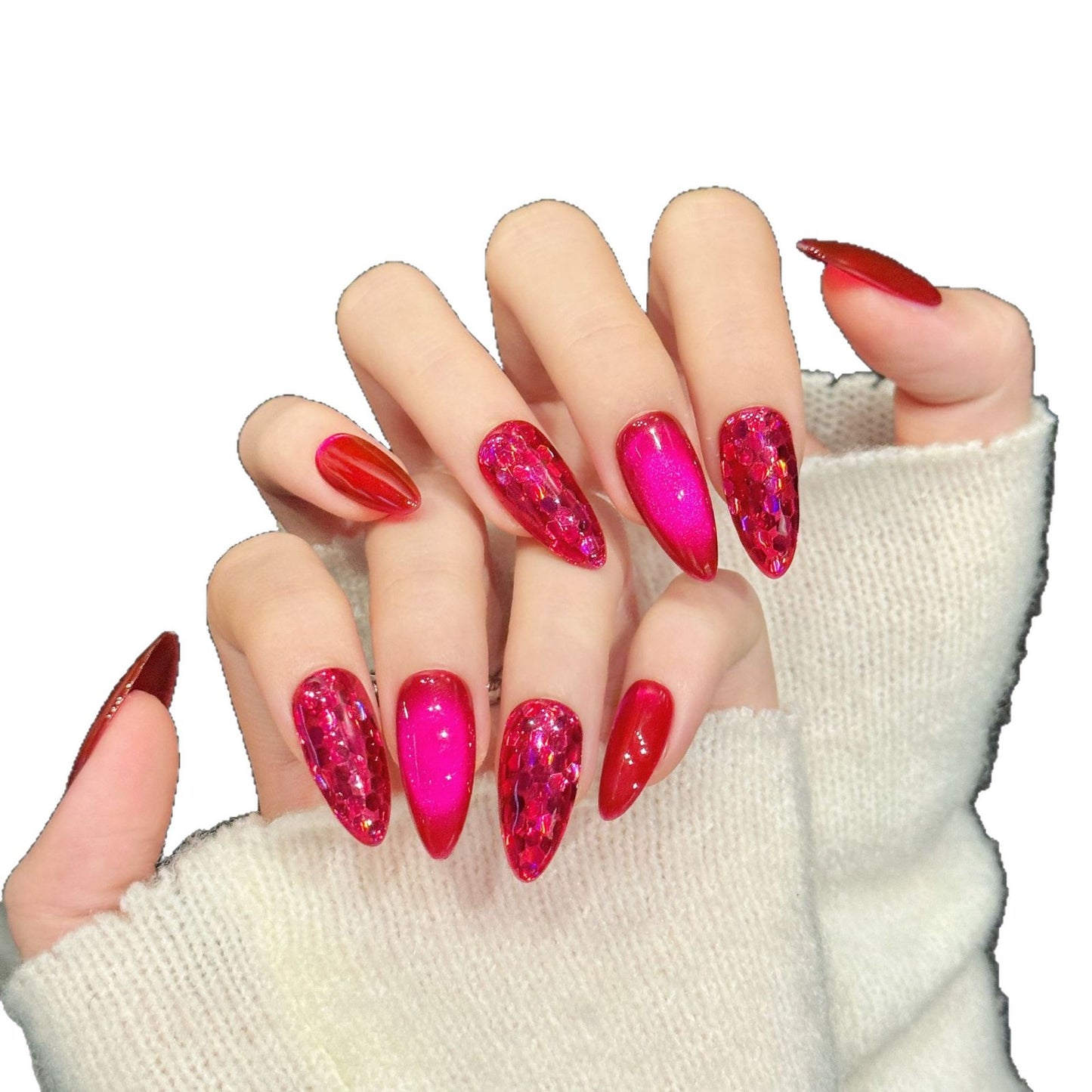 Shiny Hot Pink Glitter Press On Nails Mixed Shapes