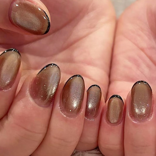 Wear nail pads wholesale coffee color cat eye French black nail pads short nail patches removable nail pads｜365nails