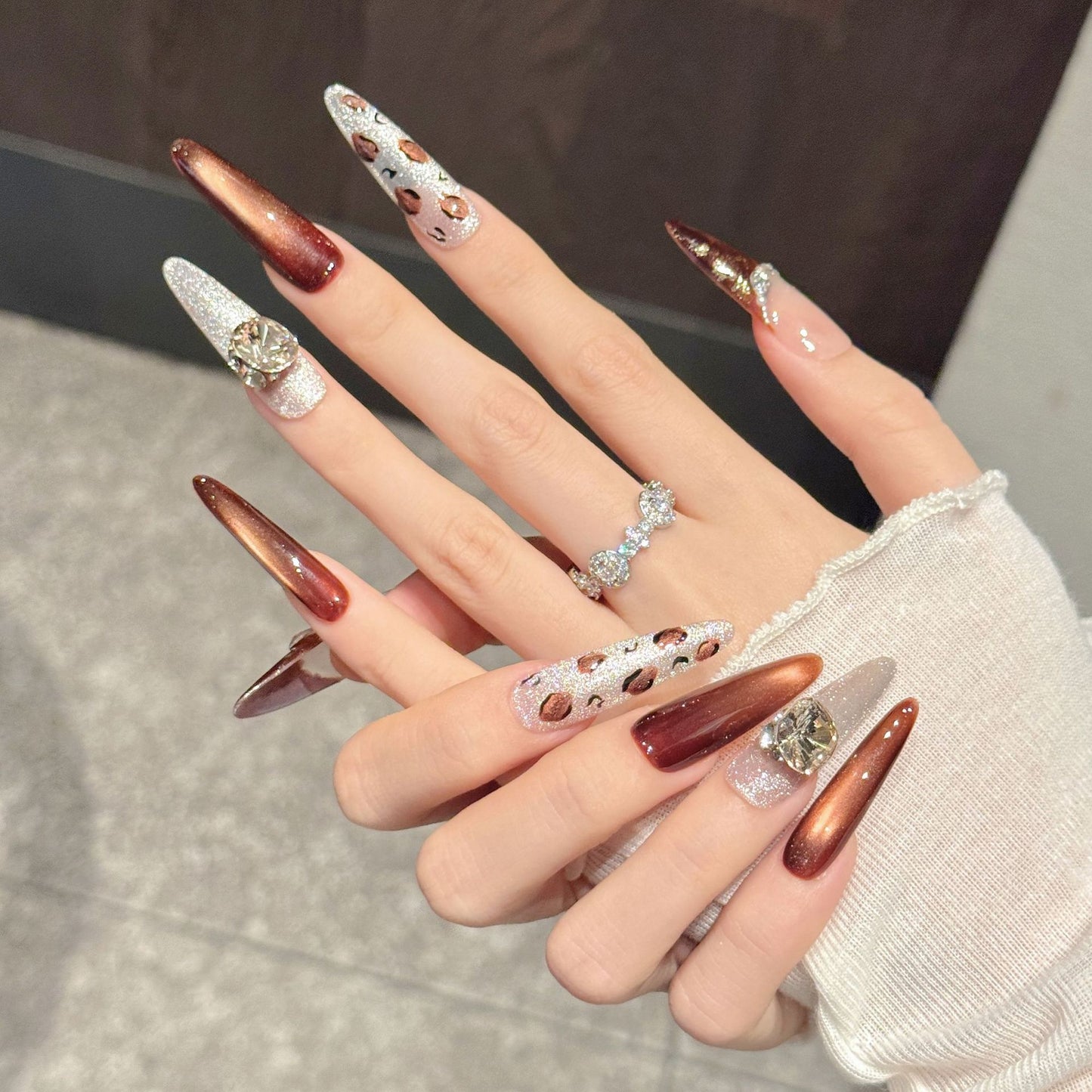 Brown Glitter Leopard Gradient Luxury Press On Nails