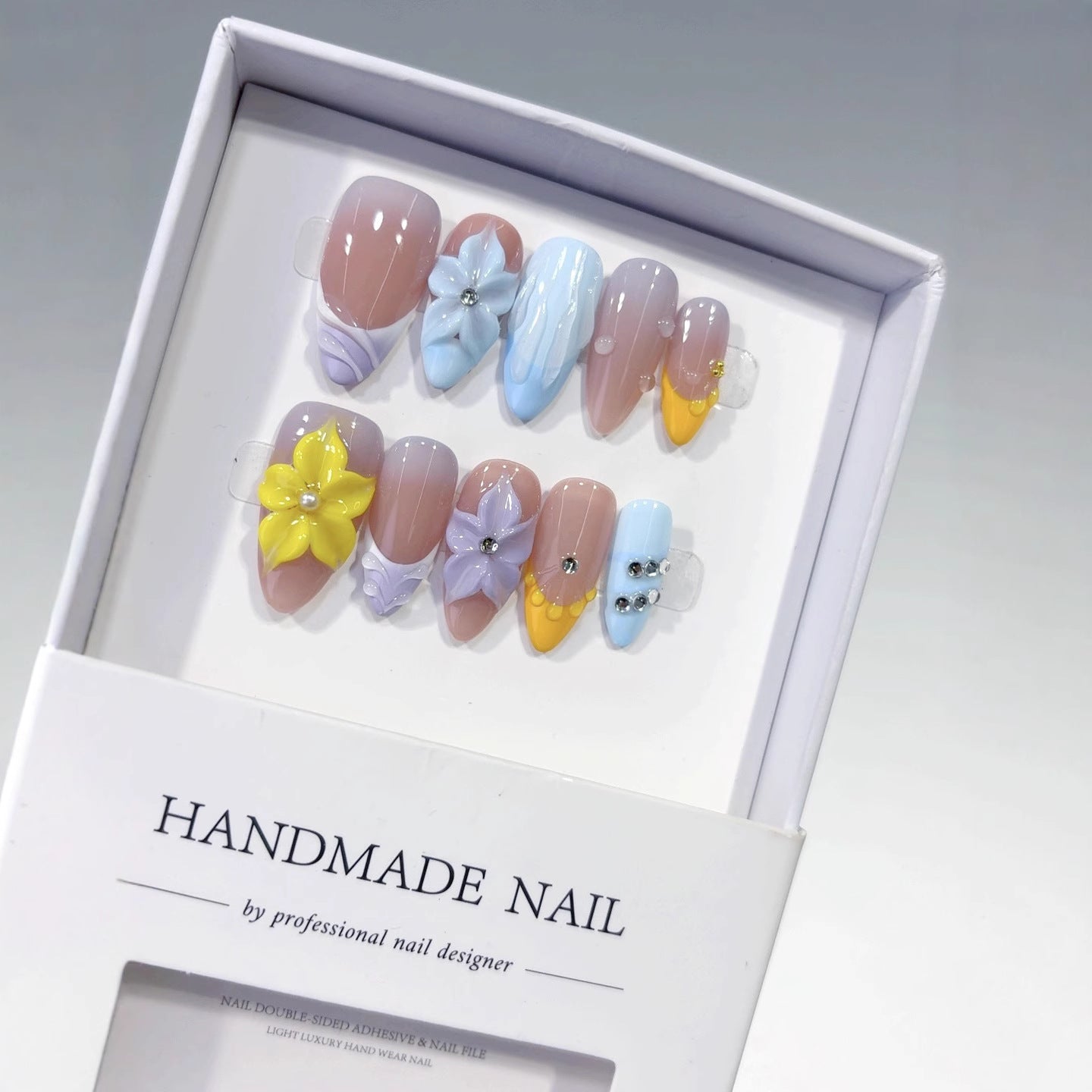 Pastel Bloom: "Colorful Petal" – Medium Almond Handmade Press On Nails