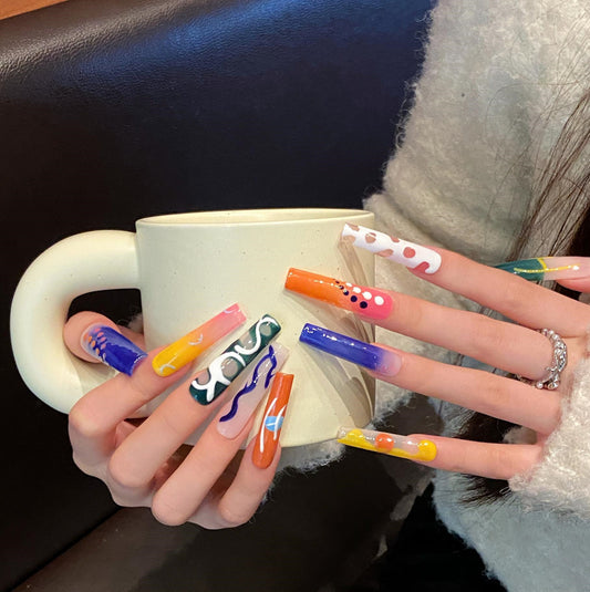 Extra long funny cartoon cute handmade nails personalized  hand-painted fake nails removable nail | 365nails