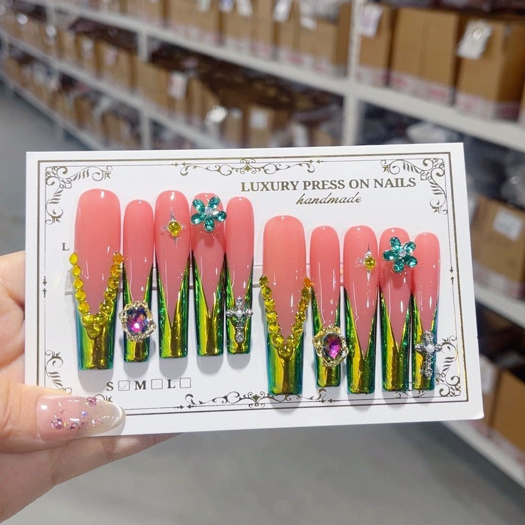 復古翡翠鏡面花卉超長款穿戴甲