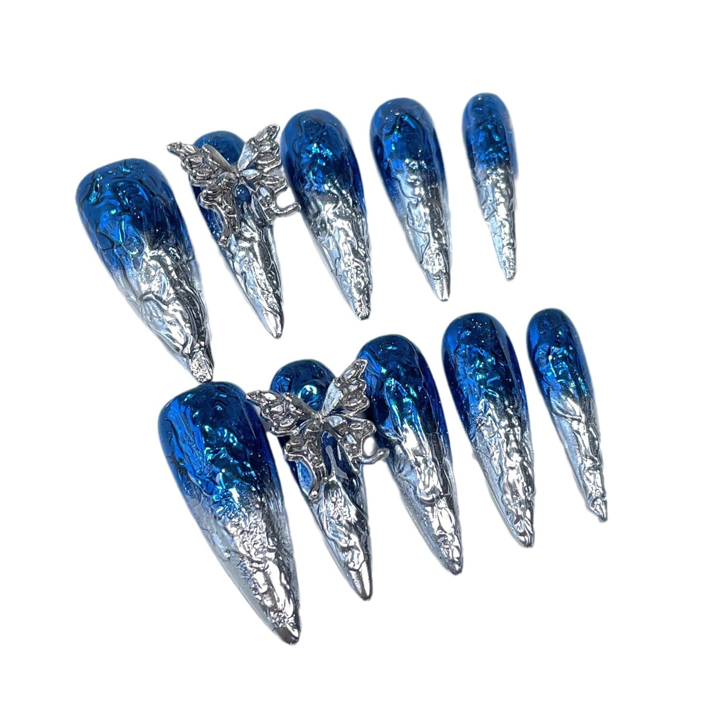 Unhas postiças artesanais de metal, de duas cores, com mudança gradual e irregular, formato líquido, médias e longas, para unhas artísticas｜365nails