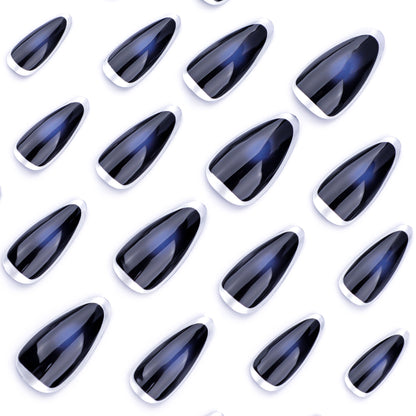 French silver circle  dark blue smudged manicure  short almond   ｜365nails