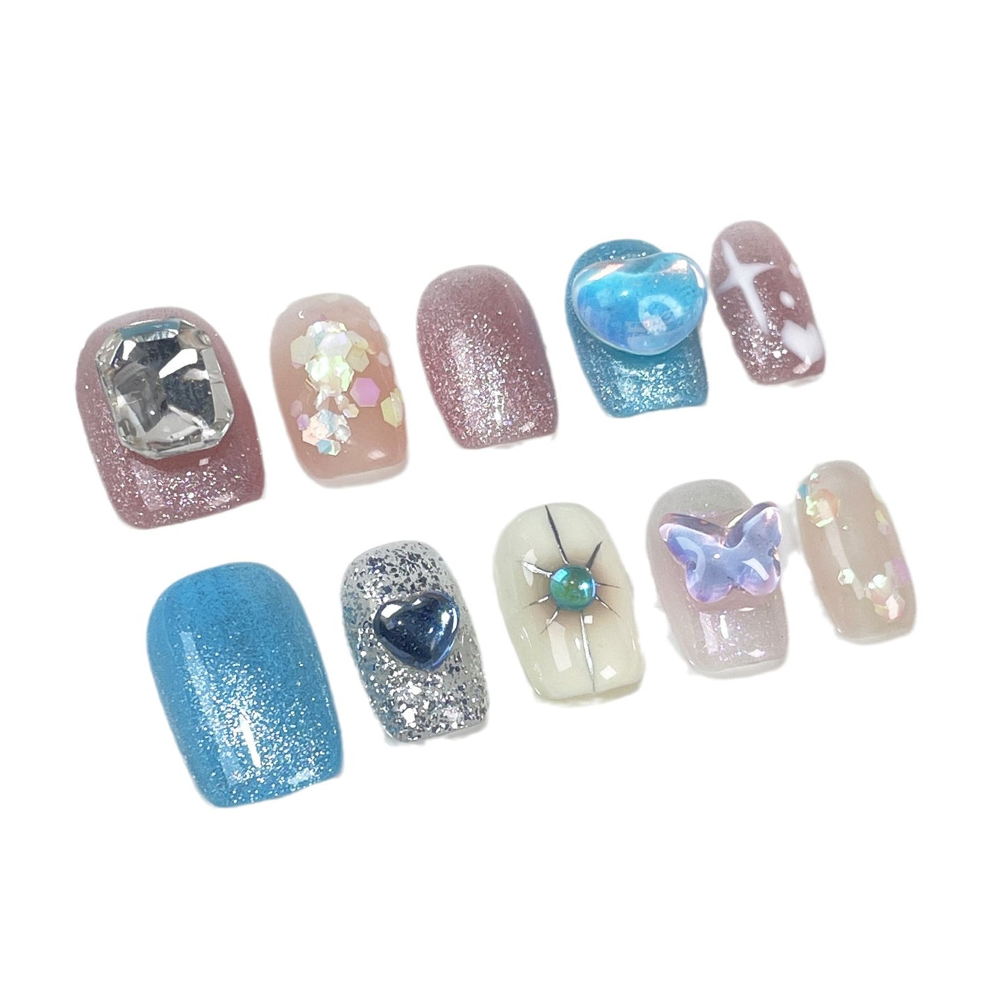 Colorful summer candy cute white fresh short nail patch cat eye flash pure handmade press on nails wholesale｜365nails