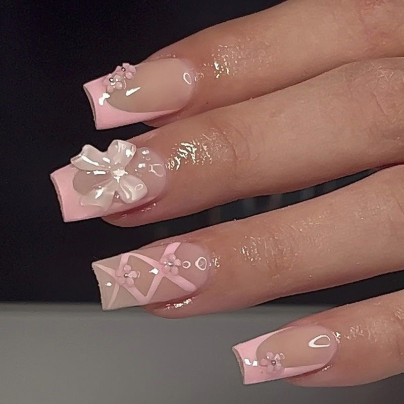 Long Square Press On Nails with Pink Base & Leopard Print Accents