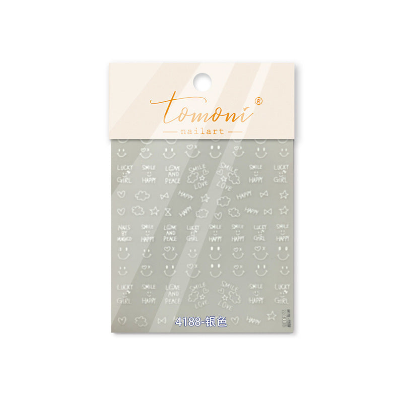 Silver Happy Icon Nail Stickers – 5D Embossed Minimalist Cheer Set
