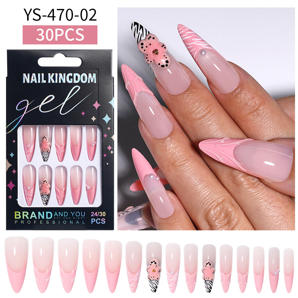 Hot-selling  press on nails sweet and cool flower leopard print removable almond-shaped long finished fake nail wholesale
