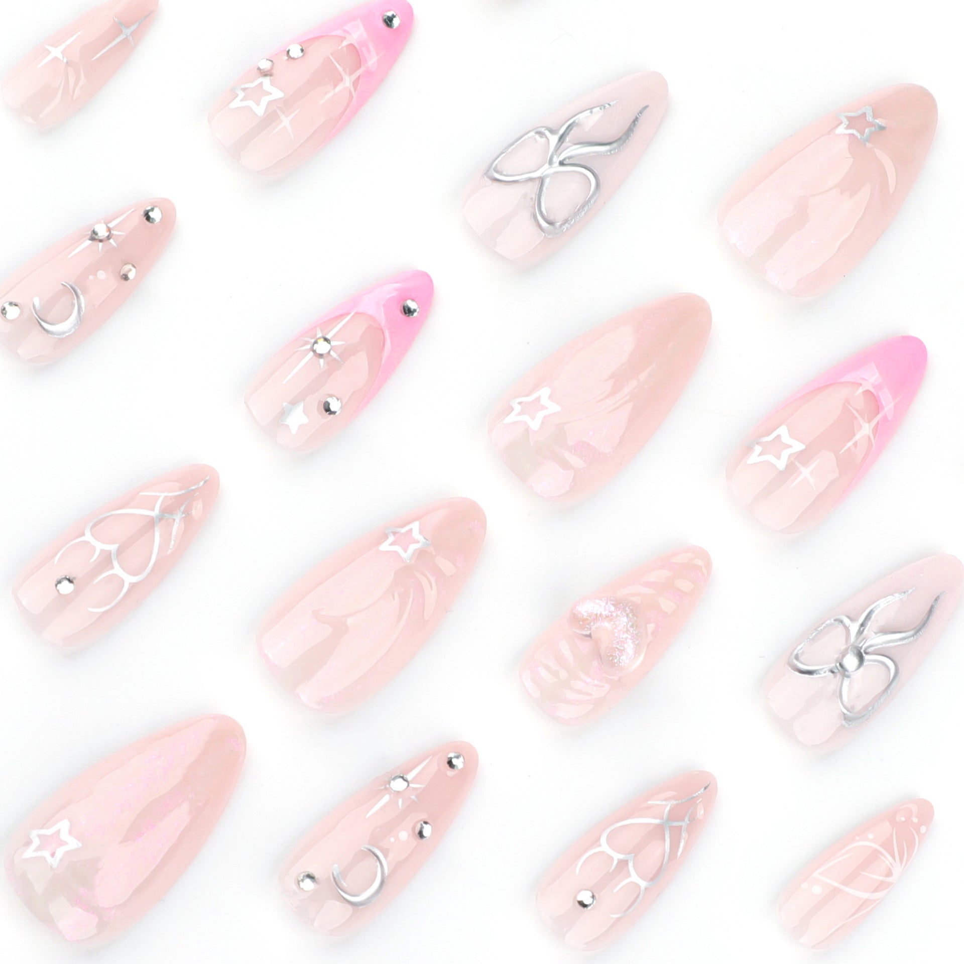 Faux ongles 3D motif nœud "Love" rose, pour la Saint‑Valentin, manucure française, courts forme amande — film d'ongles portable｜365nails