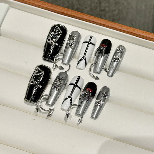 Punk goth style press on nails black long high-end handmade sweet and cool white niche  millennial babes | 365nails